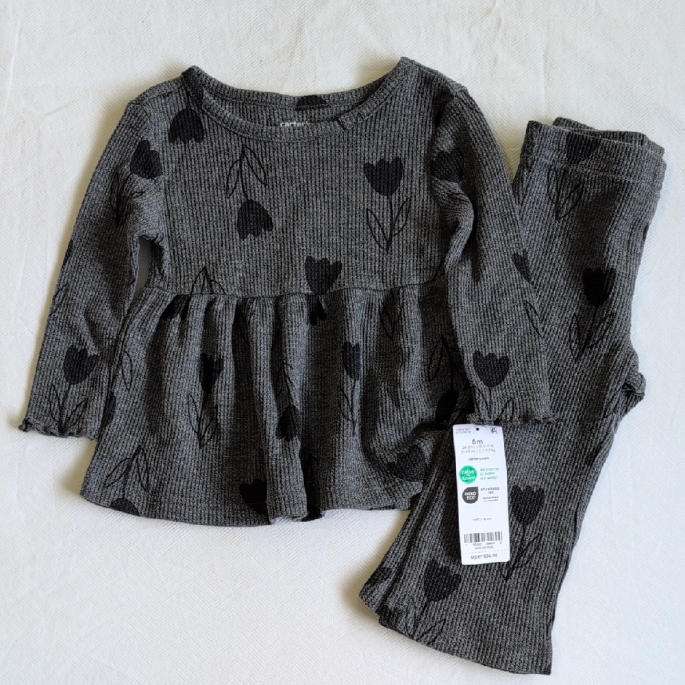 NEW carter's tulip floral gray matching outfit set waffle knit 6 months girl